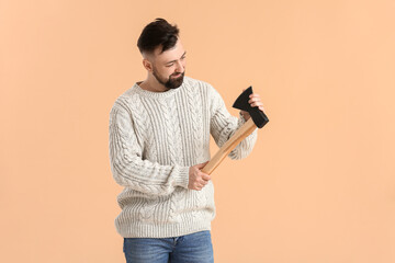 Canvas Print - Handsome lumberjack on color background