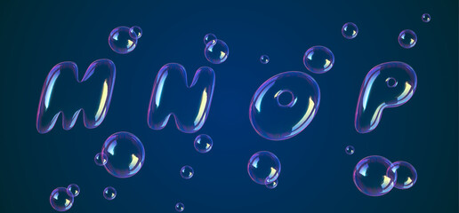 Bubbles font alphabet m, n, o, p in the air or water. Realistic 3D rendering typography for your unique headline, graphic design in several concept idea ; Healthy, Air Borne, Virus, Covid-19, Corona