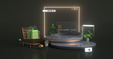 Wall Mural - Winter shopping concept with concrete podium and golden shopping cart all in dark theme.3d rendering.
