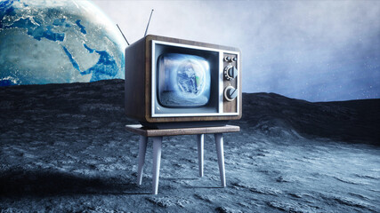 Wall Mural - old wooden vintage tv on the moon. earth background. space concept. broadcast. 3d rendering.