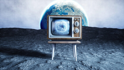 Wall Mural - old wooden vintage tv on the moon. earth background. space concept. broadcast. 3d rendering.