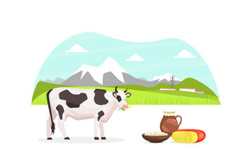 Wall Mural - Summer Rural Mountain Landscape and Grazing Cow, Fresh Healthy Eco Agricultural Products Vector Illustration