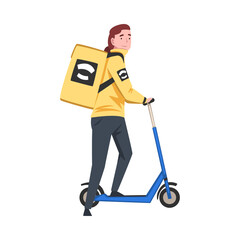 Sticker - Male Courier Riding Electric Kick Scooter with Yellow Parcel Box on his Back, Food Delivery Service, Fast Shipping Cartoon Vector Illustration