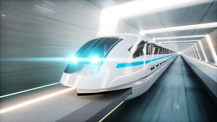 Wall Mural - futuristic modern train, monorail fast driving in sci fi tunnel, coridor. Concept of future. 3d rendering.