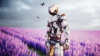 Wall Mural - Military robot, cyborg with gun in lavender field. concept of the future. 3d rendering.