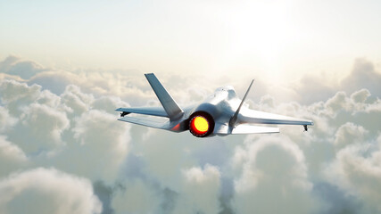 Sticker - Jet, fighter flying over clouds . War and weapon concept. 3d rendering.