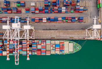 Aerial view of Deep water port with cargo ship and container.