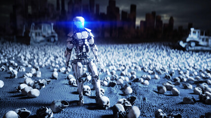 military robot and skulls of people. Dramatic apocalypse super realistic concept. Rise of the Machines. Dark future. 3d rendering.
