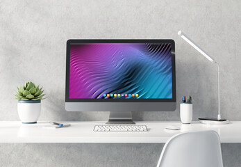 Wall Mural - modern black and silver computer on white desktop concrete interior mockup 3d rendering