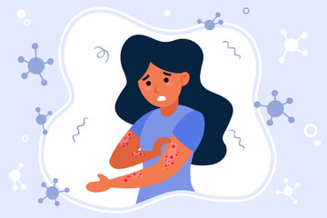 Wall Mural - Person suffering from rush. Hives, fever, stress, chickenpox flat vector illustration. Illness, epidemics, virus concept for banner, website design or landing web page