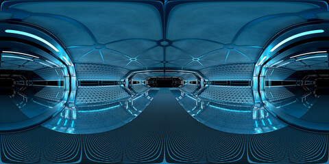 Aufkleber - High resolution HDRI panoramic view of dark spaceship interior. 360 panorama reflection mapping of a futuristic spacecraft room 3D rendering