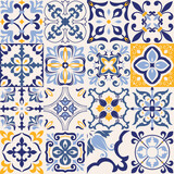 Fototapeta Kuchnia - Set of 16 tiles Azulejos in blue, gray, yellow. Original traditional Portuguese and Spain decor. Seamless patchwork tile with Victorian motives. Ceramic tile in talavera style. Gaudi mosaic. Vector