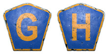Set Of Public Road Signs In Blue And Orange Color With A Capital Letters G And H In The Center Isolated White Background. 3d