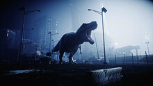 Terrible Dinosaur Trex In The Night Destroyed City. Apocalypse Concept. 3d Rendering.
