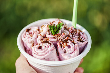 Aufkleber - Rolled berry ice cream with mint leaf, hand made ice cream dessert. Hand holding ice cream.