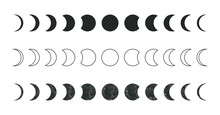 Moon Phases Astronomy Icon Silhouette Symbol Set. Full Moon And Crescent Sign Logo. Vector Illustration. Isolated On White Background.
