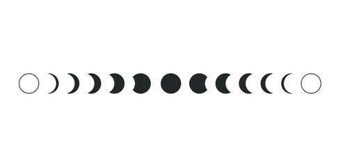 Moon phases astronomy icon silhouette symbol set. Full moon and crescent sign logo. Vector illustration. Isolated on white background.