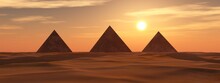 Pyramids In The Desert Of Sand At Sunset, 3D Rendering