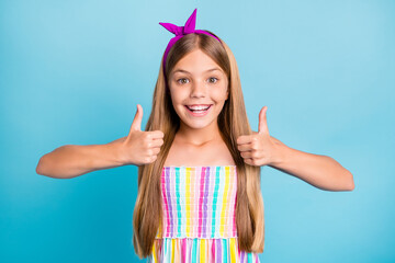 Poster - Close-up portrait of her she nice attractive lovely confident glad cheerful long-haired girl showing two double thumbup advert excellent isolated over bright vivid shine vibrant blue color background