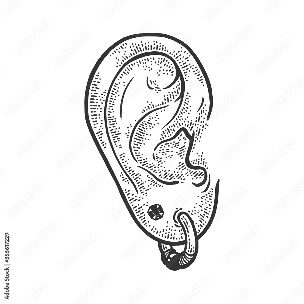 ear with earrings piercing sketch engraving vector illustration. T-shirt  apparel print design. Scratch board imitation. Black and white hand drawn  image. Stock Vector | Adobe Stock, image size:1000x1000