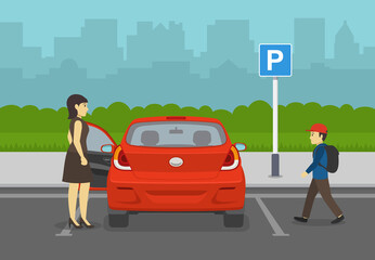 Wall Mural - Mother opens car door while her son is coming. Back view of a red car on parking zone. Flat vector illustration.