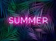 Dark blue and violet neon tropical design with palm leaves and 3d lettering. Summer night vector illustration.