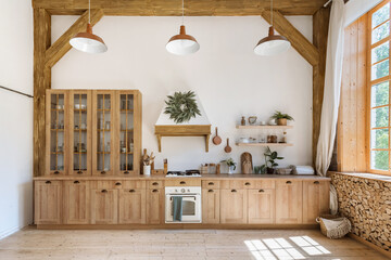 Wall Mural - Wooden kitchen in modern interior with contemporary furniture