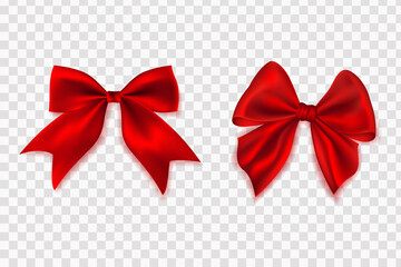 Bow realistic. Set of different decorative red bows for gift decor.