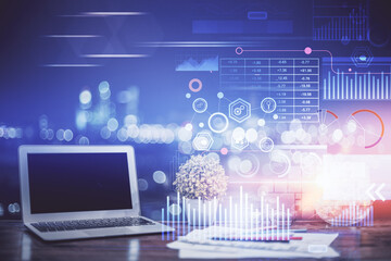 Double exposure of computer and technology theme drawing. Concept of innovation.