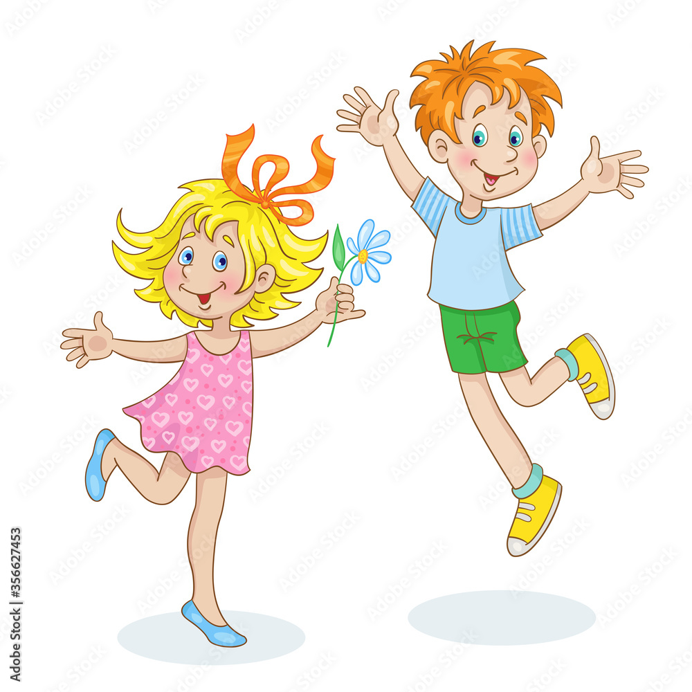 Funny boy and cute little girl are dancing. In cartoon style. Isolated ...