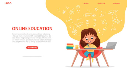 E-learning concept banner. Online education. Cute school girl using laptop. Study at home with hand-drawn elements. Web courses or tutorials, software for learning. Vector flat cartoon illustration