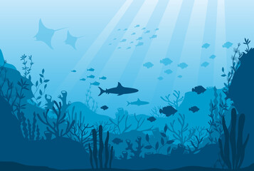 Vector illustration of underwater ocean fauna with coral reef, seaweed, algae, mantas, plants, fishes. Silhouette ocean bottom. Marine underwater life. Sea, seascape, seafloor, undersea background.