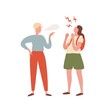 Quarrel between teenager girl and guy vector flat illustration. Young annoyed people insult each other, arguing and shouting isolated on white. Irritated characters having conflict and disagreement