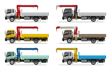 VECTOR EPS10 - set of truck mounted crane in different color, isolated on white background.