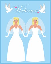 Two Blond Brides, Double Marriage Or Twins Or Lesbians. Concept With Diverse Colors And Orgins And Style Of People.