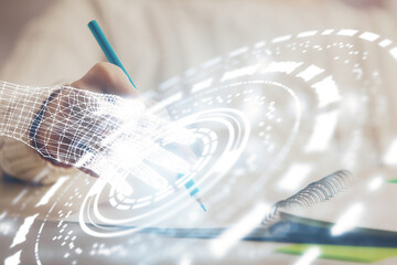 Double exposure of woman's hands on background with technology and digital coding icons. Data development concept. Close up.