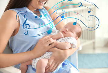 Poster - Flying music notes and young woman with her newborn baby at home, closeup. Lullaby songs