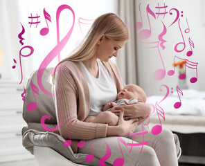 Sticker - Flying music notes and young mother with her little baby sitting in armchair at home. Lullaby songs