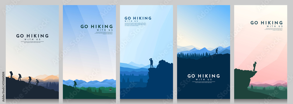 Vector illustration. Travel concept of discovering, exploring and observing nature. Hiking. Climbing. Adventure tourism. Flat design for flyer, voucher, poster, invitation, gift card. - obrazy, fototapety, plakaty 
