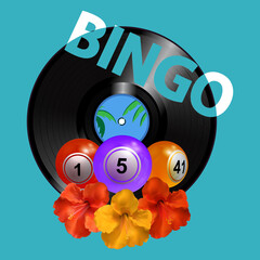 Wall Mural - Summer bingo balls over vinyl record disc on blue