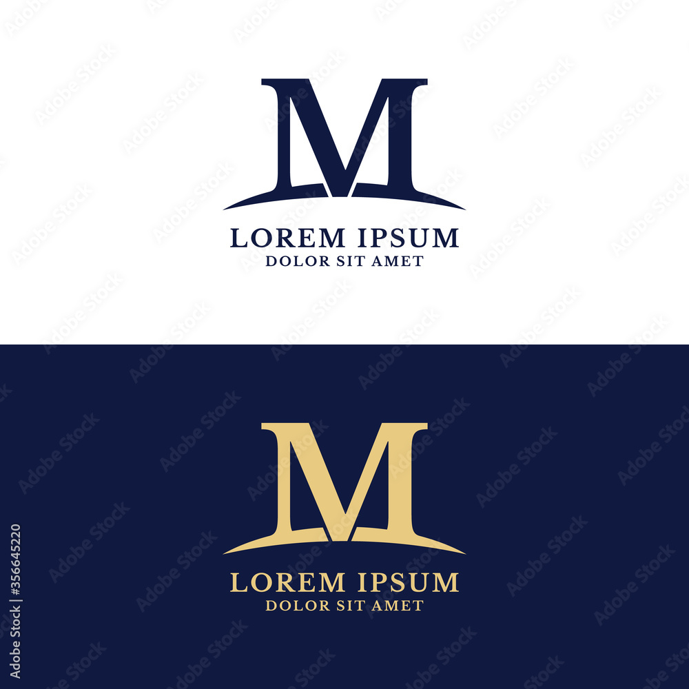 Letter M With Swoosh Logo Design Vector Template. Dark Blue And Gold ...