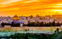 Dramatic Sunset View Of The Ancient Cemetery At The Golden Gate, Dome Of The Rock On The Temple Mount, With Hurva Synagogue, Old City Buildings And West Jerusalem Hotels, Including King David Hotel