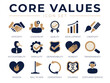 Company Core Values Icon Set. Integrity, Leadership, Quality Development, Creativity, Accountability, Dependability, Passion, Service Icons.