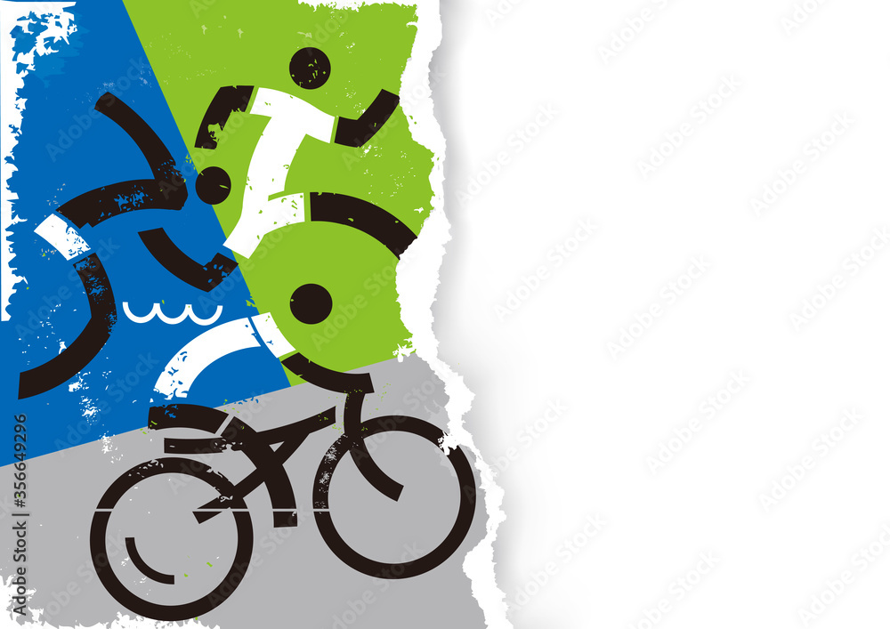 Triathlon racers icons on grunge stylized torn paper background. 
Illustration of Three triathlon athletes. Vector available. Place for your text or image. Vector available - obrazy, fototapety, plakaty 