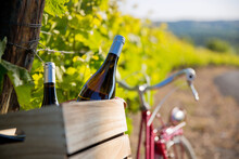 Bouteille Et Caisse De Vin Sur Un Vieux Vélo Dans Les Vignes En France.