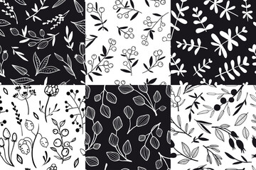 Set of 6 Seamless patterns with hand drawn outline plants