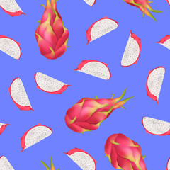 Sticker - Realistic 3d Detailed Pitahaya with Half Seamless Pattern Background. Vector