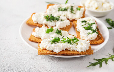 Canvas Print - Healthy and tasty snack with crispy bread, cottage cheese and herb