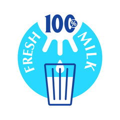 Sticker - 100 Fresh Milk emblem - hundred percent natural dairy products sticker for packaging - milk flowing from the udder into the glass - vector isolated drink icon