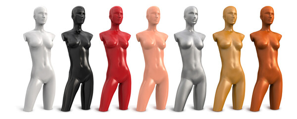 Wall Mural - Set of female mannequins for clothes of white, black, red, beige, gold, silver, bronze colors. Figure without arms and legs. Vector 3d realistic illustration on a white background.